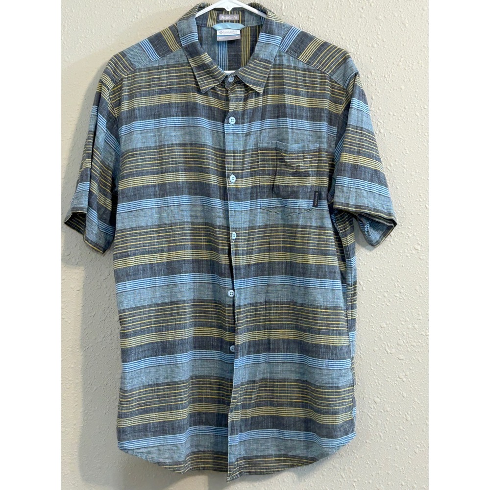 Columbia Mens Medium Striped Short Sleeve Button Up Shirt Blue Grey Gorpcore